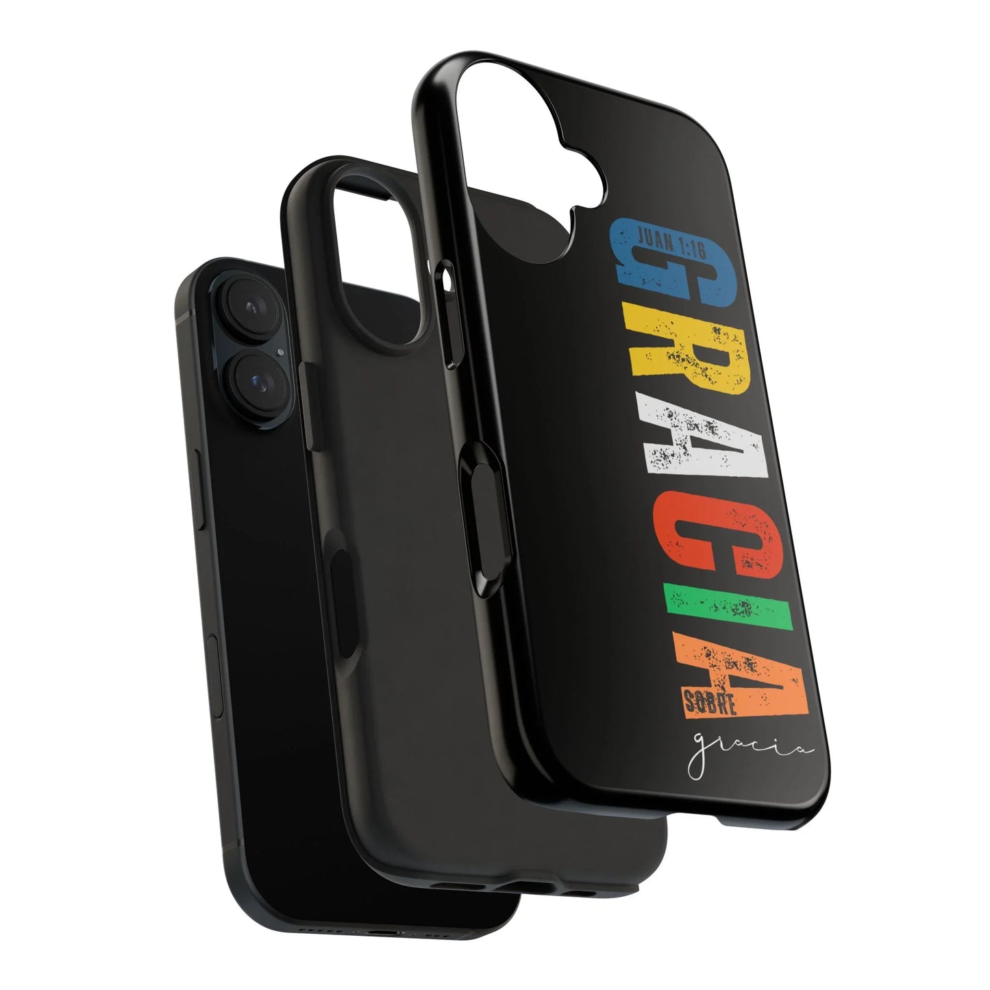 Black phone case with colorful Spanish Christian text and Bible verse design