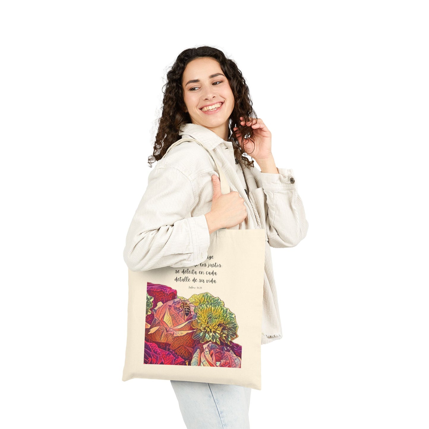 Bolsa Cristiana de Algodón con Versículo – Salmo 37:23 | Floral Christian Cotton Tote Bag