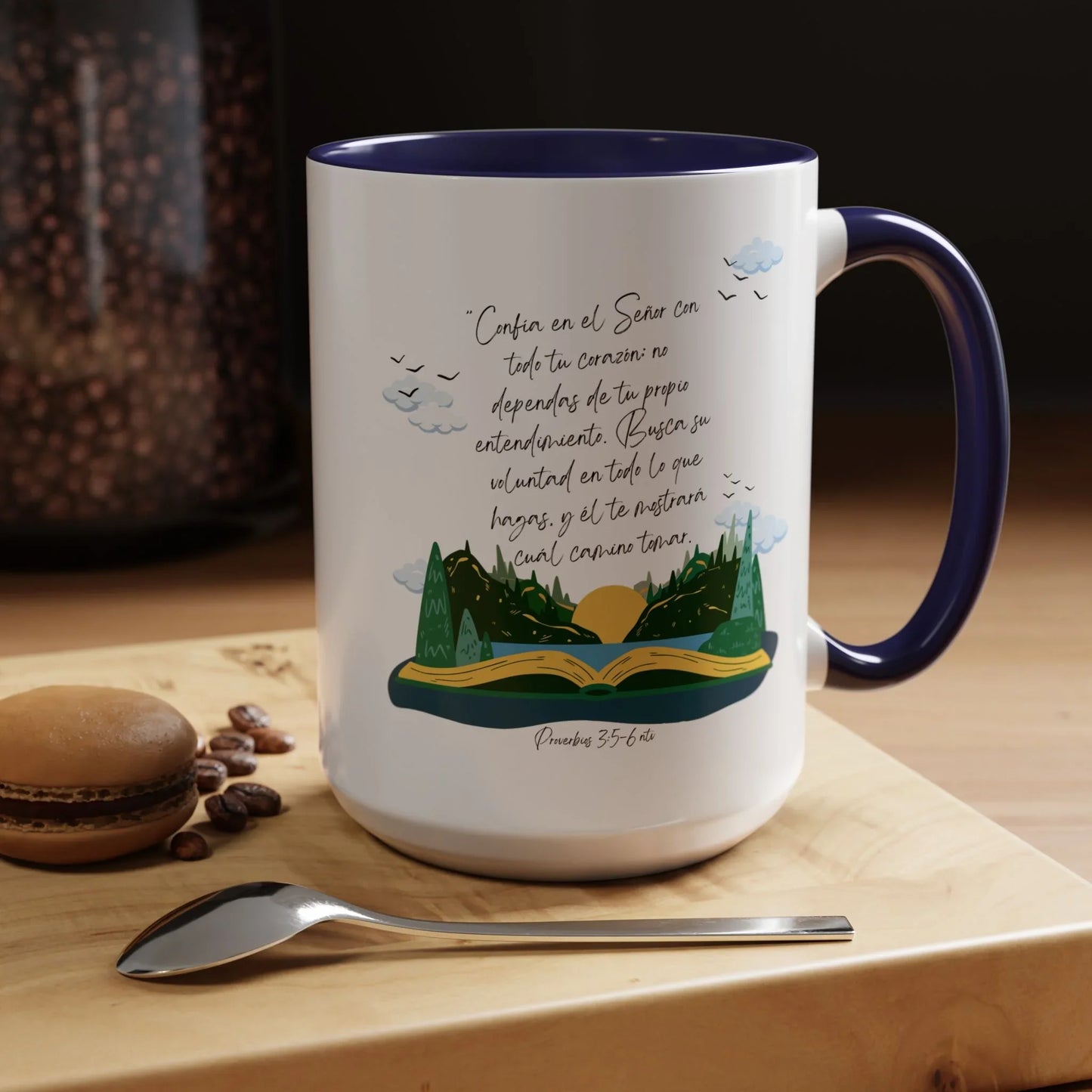Christian mug with Spanish Bible verse Proverbs 3:5-6, sunrise and forest illustration, coffee scene