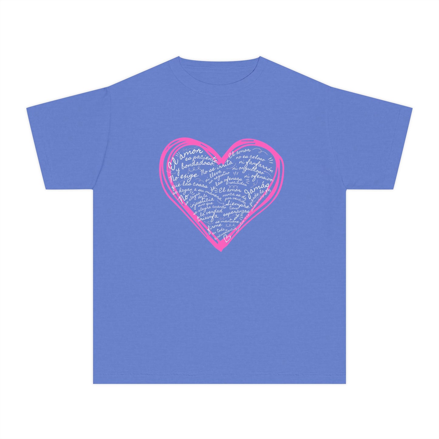 Playera Cristiana Infantil con Versículo - 1 Corintios 13:4-7 en Corazón Rosa - Christian Kids T-shirt "Love Is..."