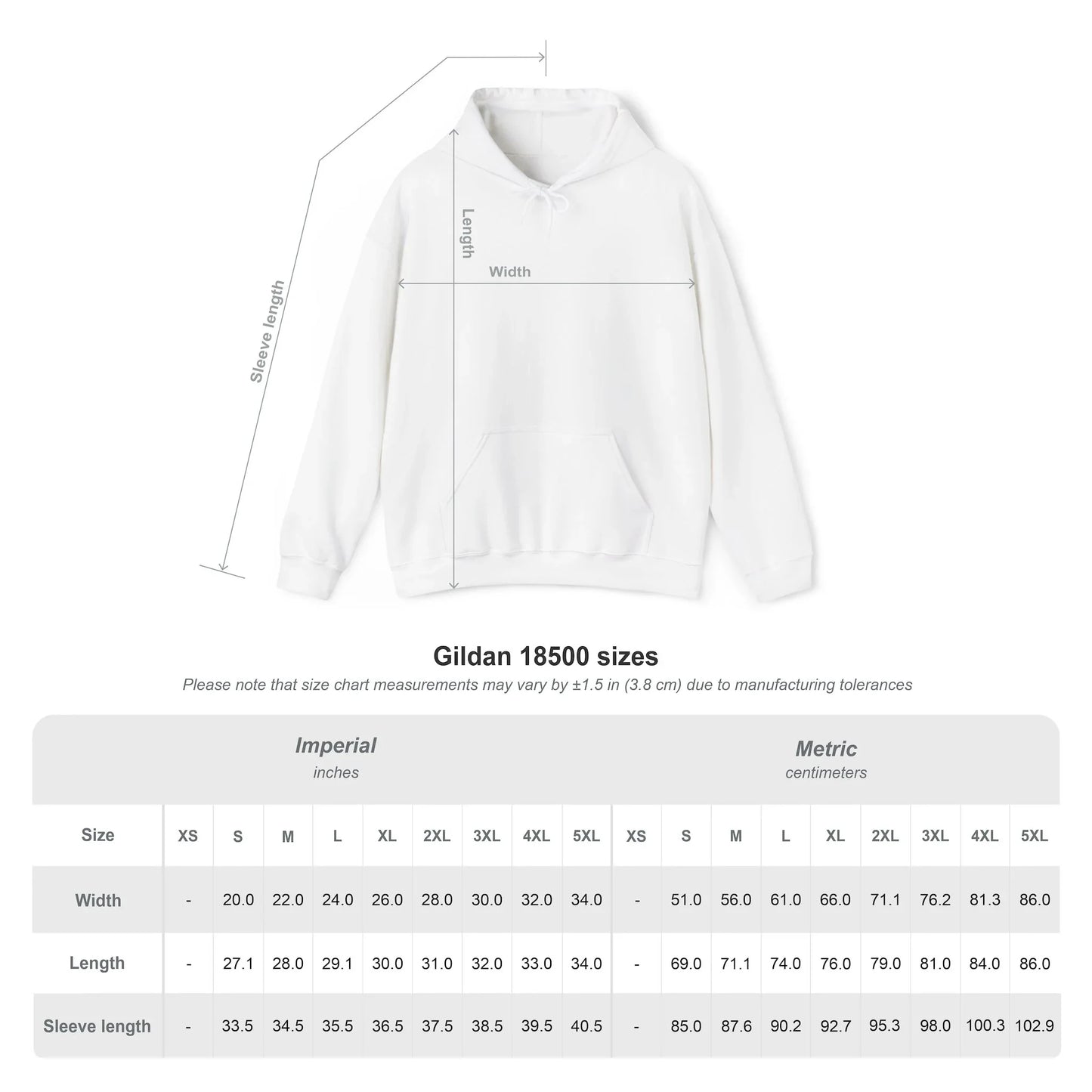 Gildan 18500 hoodie size guide with measurements chart in inches and centimeters.
