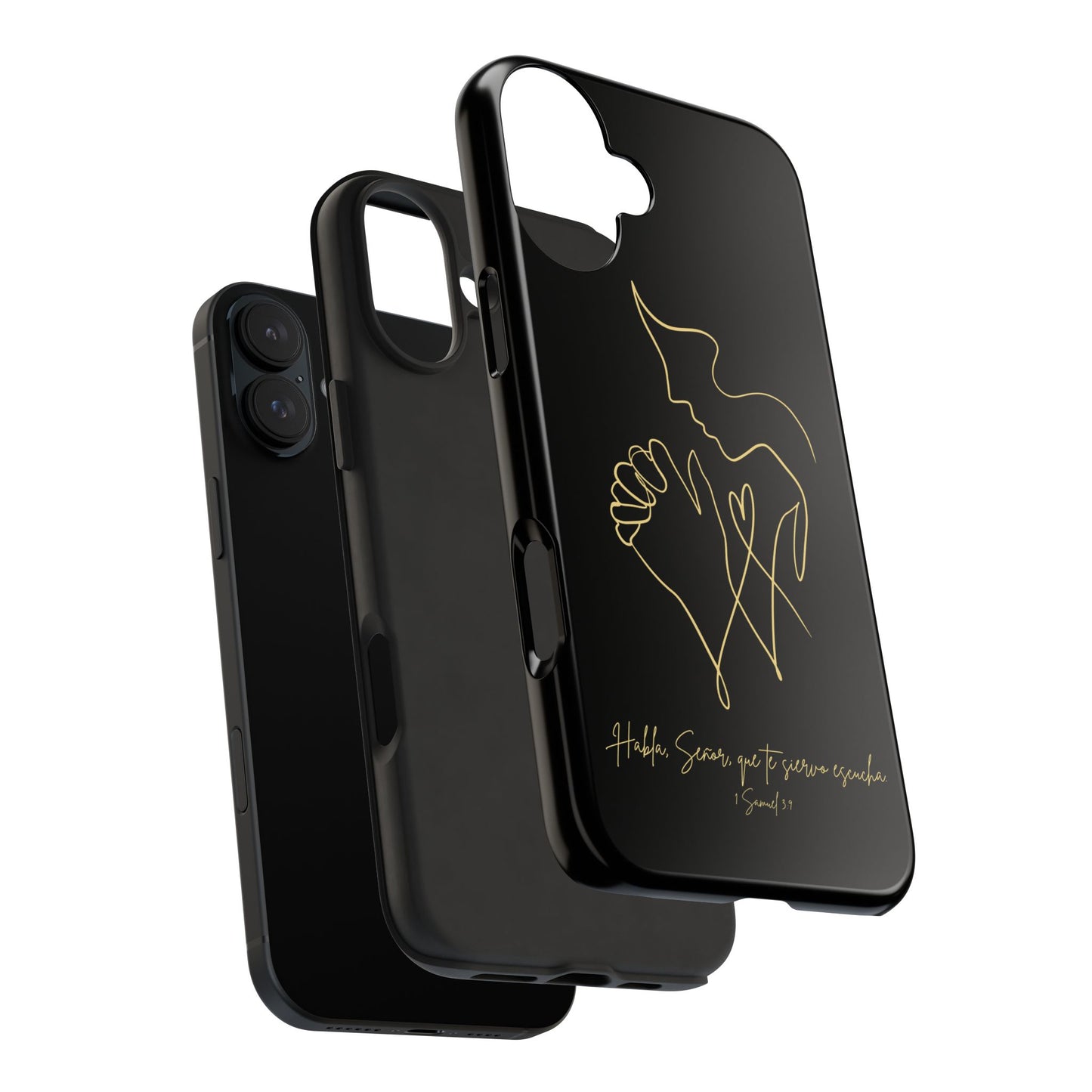 Black Christian phone case with gold minimalist praying hands and Spanish Scripture design