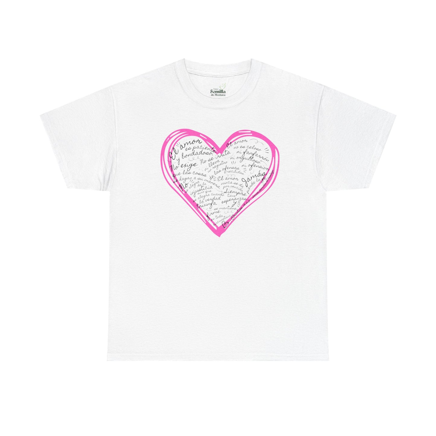 Camiseta Cristiana de Amor Bíblico Unisexo - Christian T-shirt Unisex - 1 Corinthians 13:4-7 Hand-Drawn Heart Design - Somos Semilla De Mostaza
