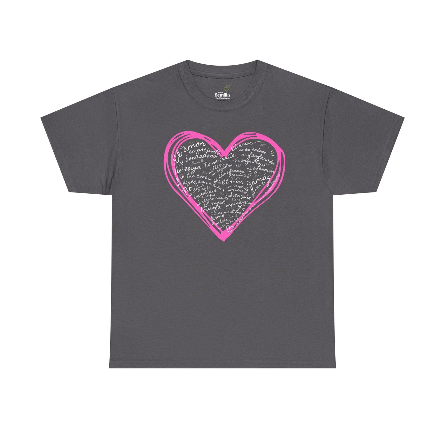 Camiseta Cristiana de Amor Bíblico Unisexo - Christian T-shirt Unisex - 1 Corinthians 13:4-7 Hand-Drawn Heart Design - Somos Semilla De Mostaza