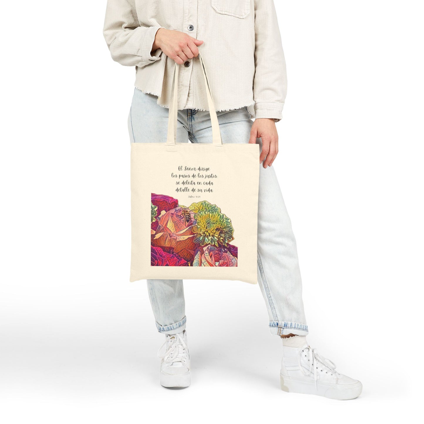 Bolsa Cristiana de Algodón con Versículo – Salmo 37:23 | Floral Christian Cotton Tote Bag
