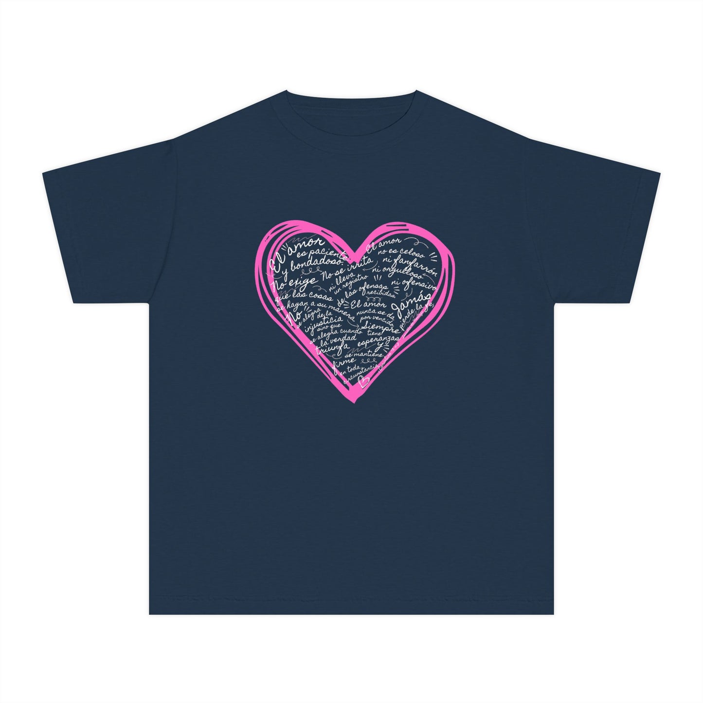 Playera Cristiana Infantil con Versículo - 1 Corintios 13:4-7 en Corazón Rosa - Christian Kids T-shirt "Love Is..."