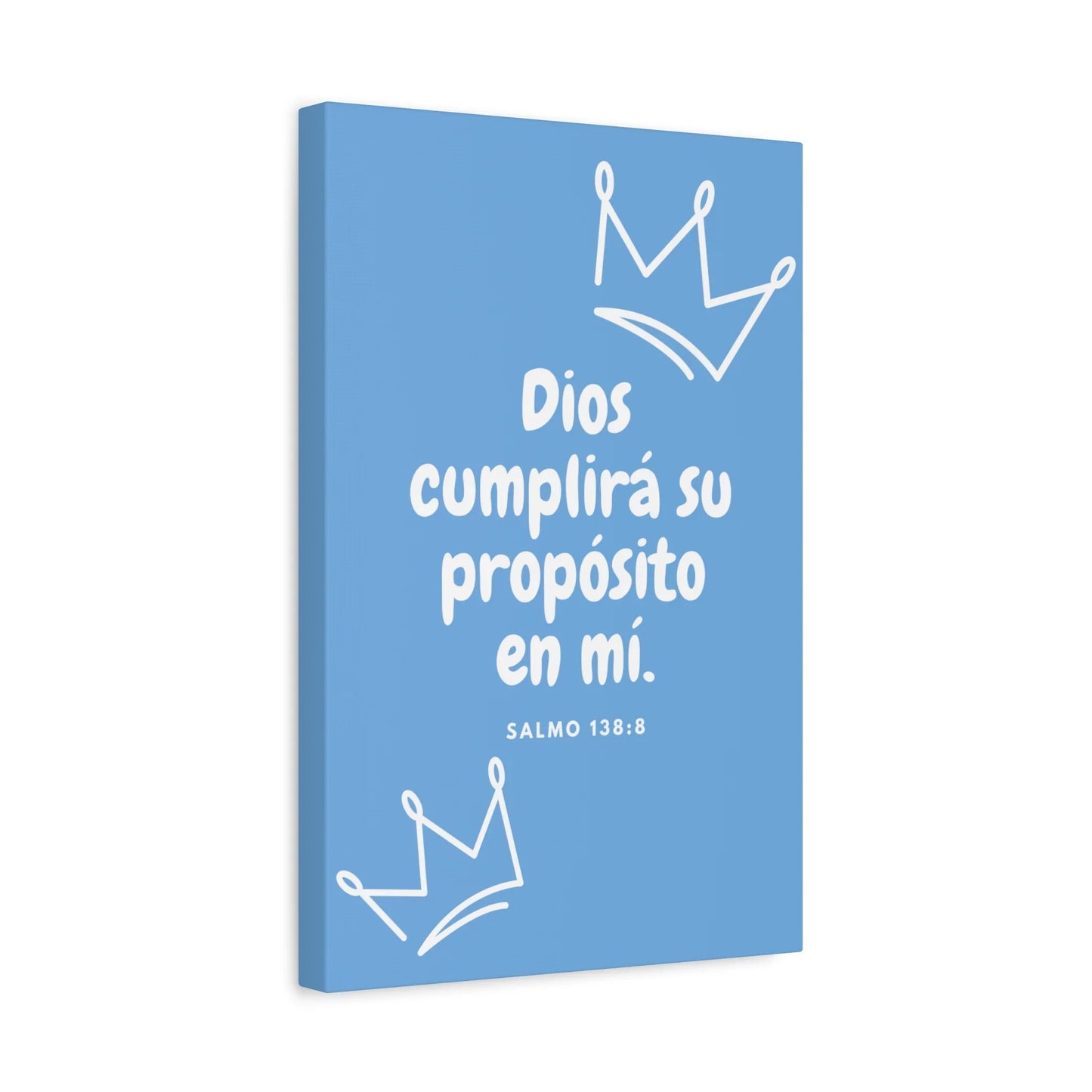 Blue Christian wall art with white crowns and Spanish Bible verse Salmo 138:8