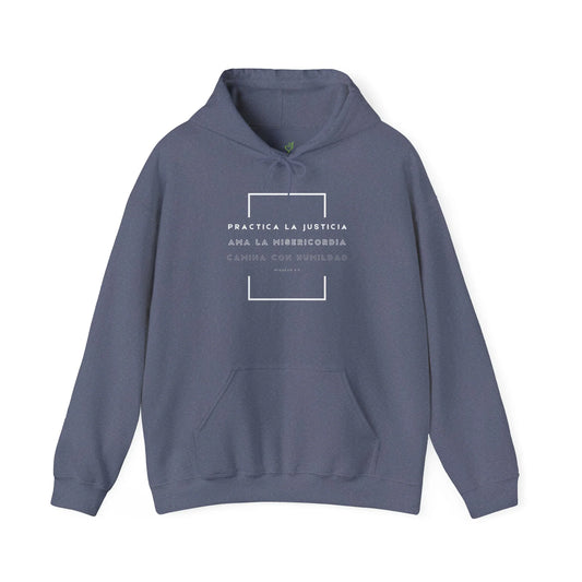 Blue Christian hoodie with Spanish faith-inspired Micah 6:8 Bible verse on front