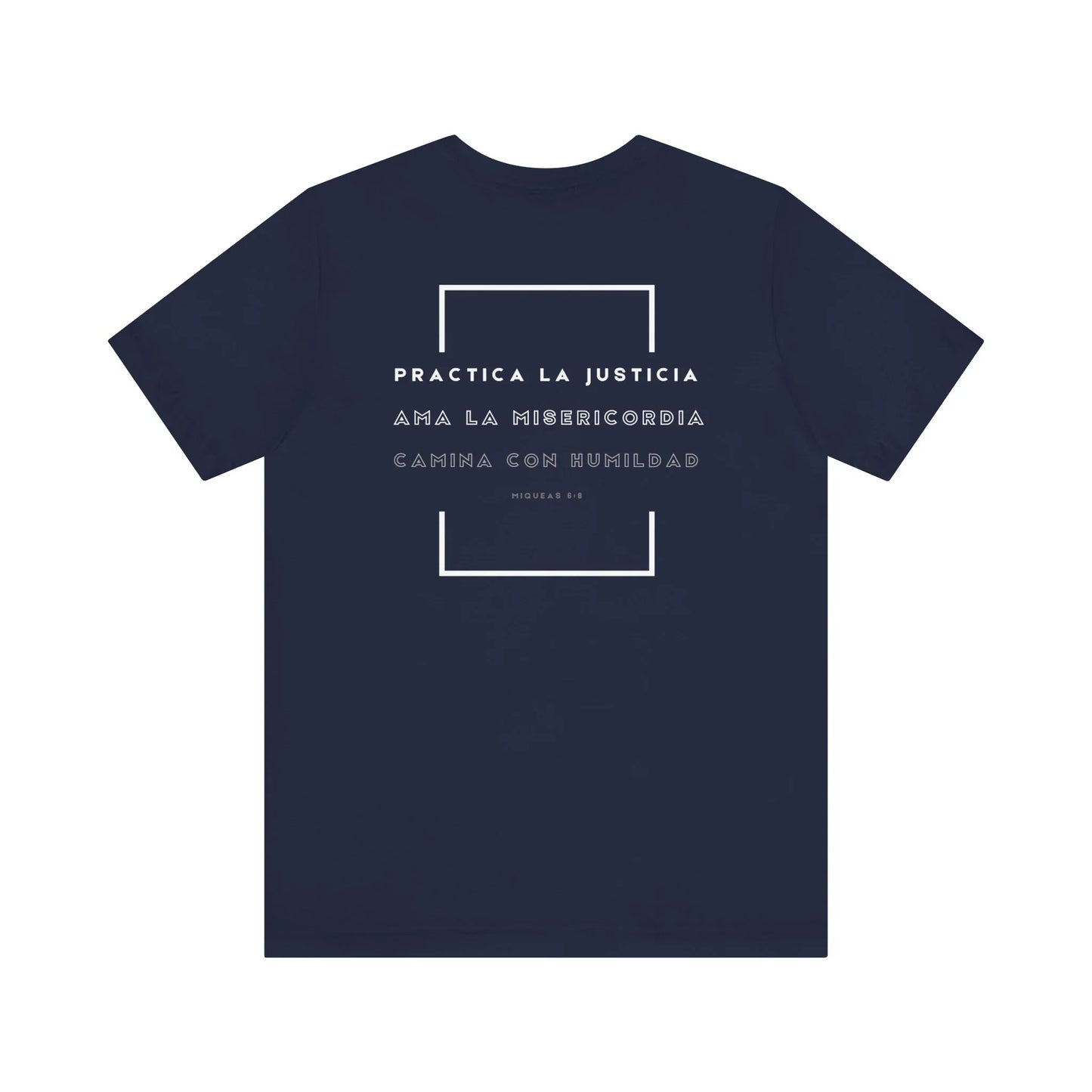 Navy blue Christian t-shirt with Spanish Micah 6:8 Bible verse and modern typography design.