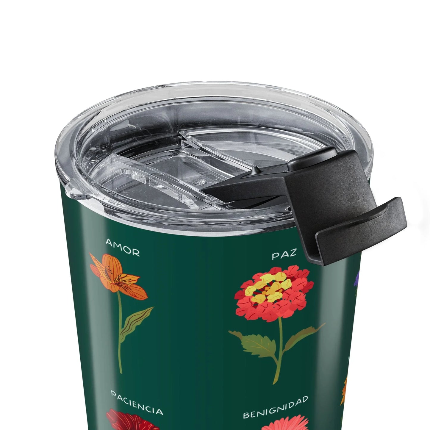 Travel tumbler with floral illustrations and Spanish words like amor, paz, paciencia.