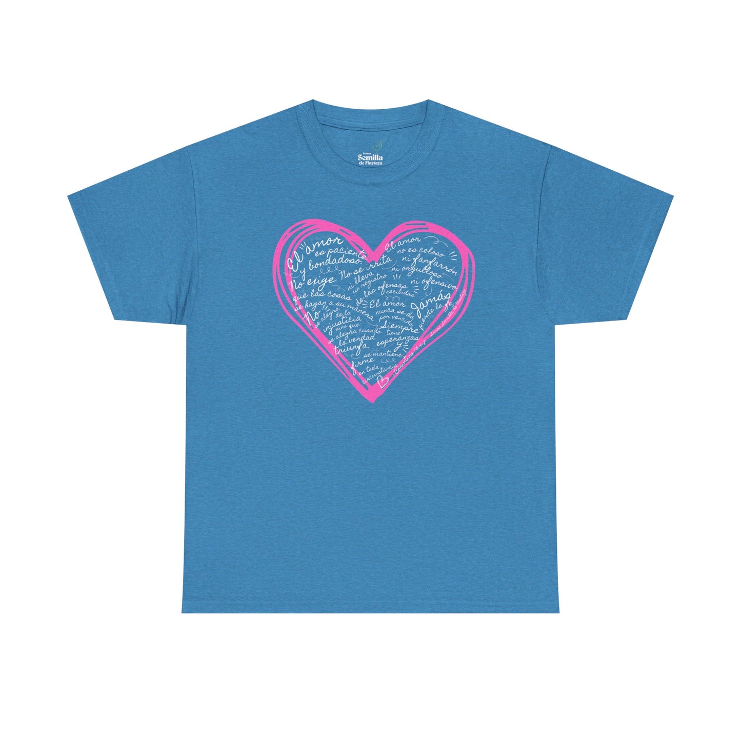 Camiseta Cristiana de Amor Bíblico Unisexo - Christian T-shirt Unisex - 1 Corinthians 13:4-7 Hand-Drawn Heart Design - Somos Semilla De Mostaza