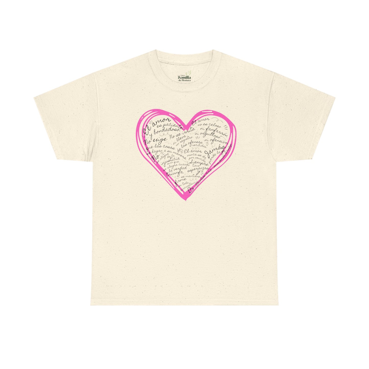Camiseta Cristiana de Amor Bíblico Unisexo - Christian T-shirt Unisex - 1 Corinthians 13:4-7 Hand-Drawn Heart Design - Somos Semilla De Mostaza