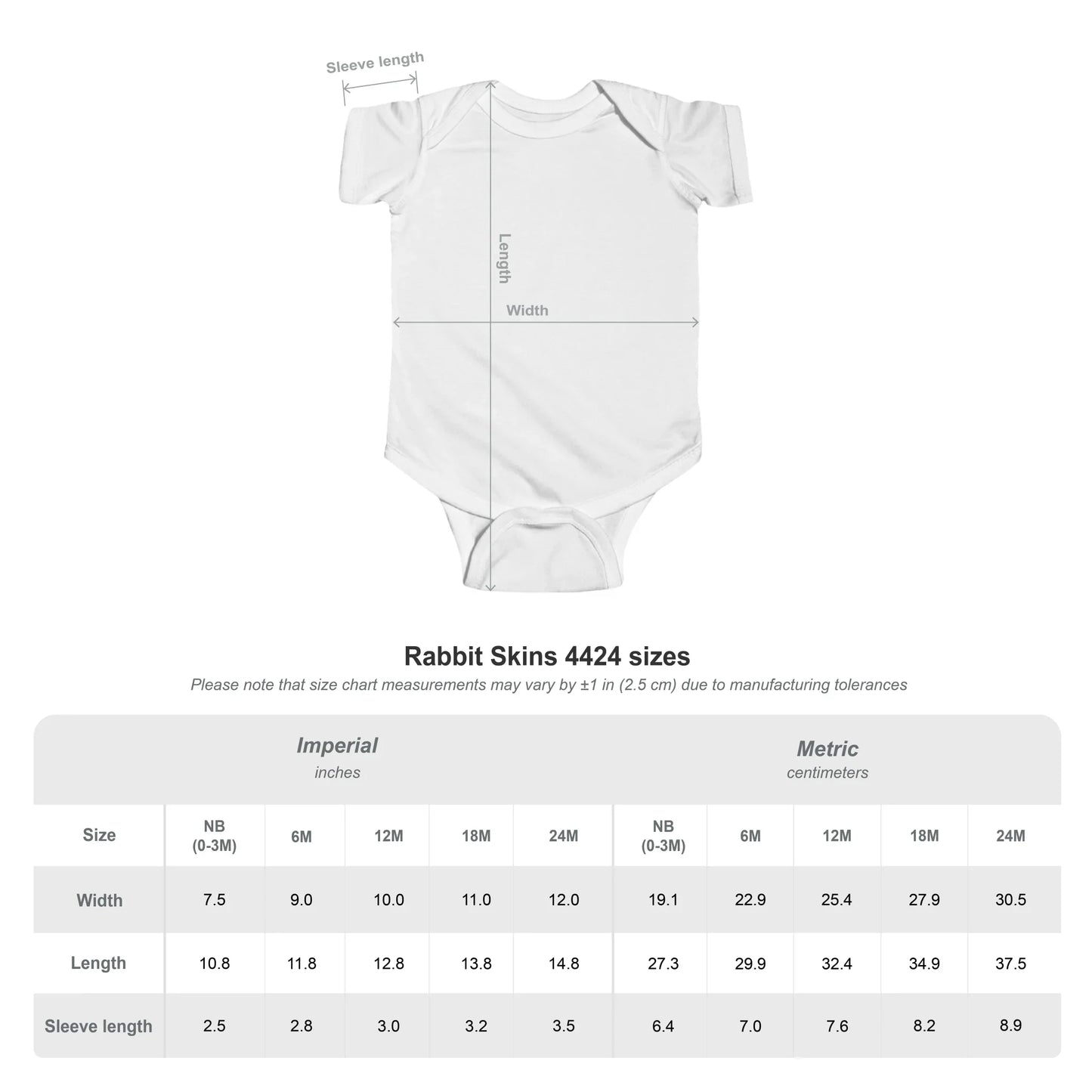 Rabbit Skins 4424 baby bodysuit sizing chart with measurements in inches and centimeters