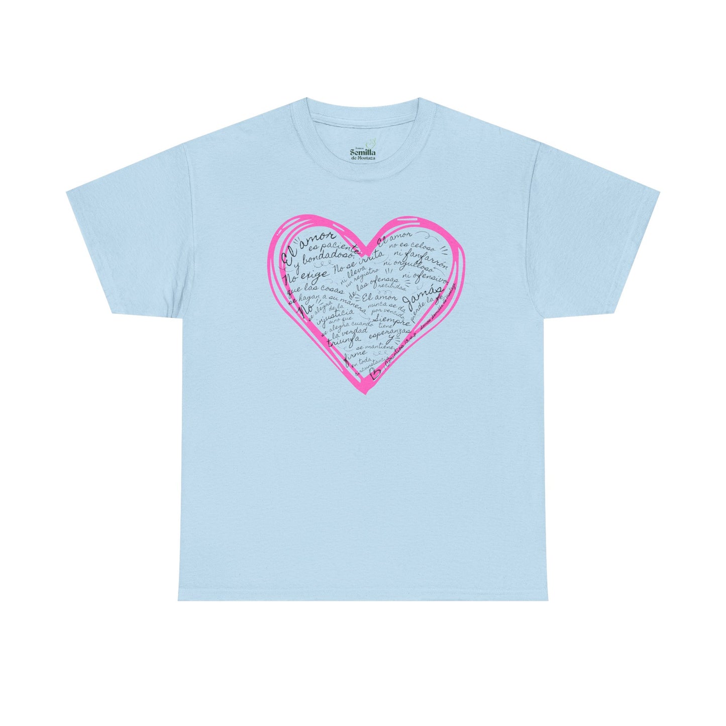 Camiseta Cristiana de Amor Bíblico Unisexo - Christian T-shirt Unisex - 1 Corinthians 13:4-7 Hand-Drawn Heart Design - Somos Semilla De Mostaza