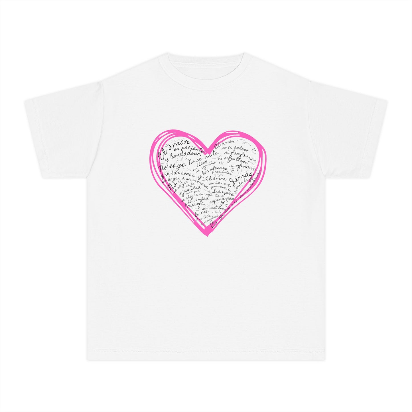 Playera Cristiana Infantil con Versículo - 1 Corintios 13:4-7 en Corazón Rosa - Christian Kids T-shirt "Love Is..."