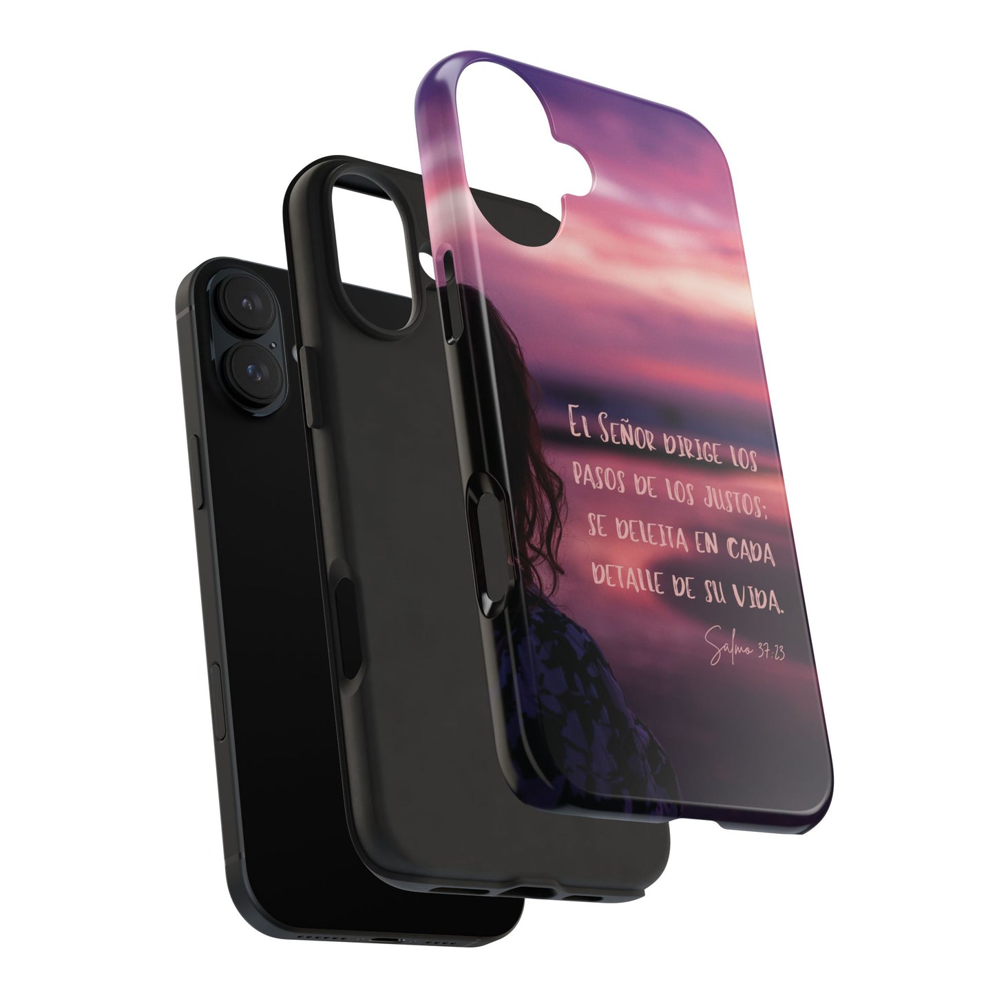 Christian phone case with Psalm 37:23 Bible verse and sunset background in Spanish