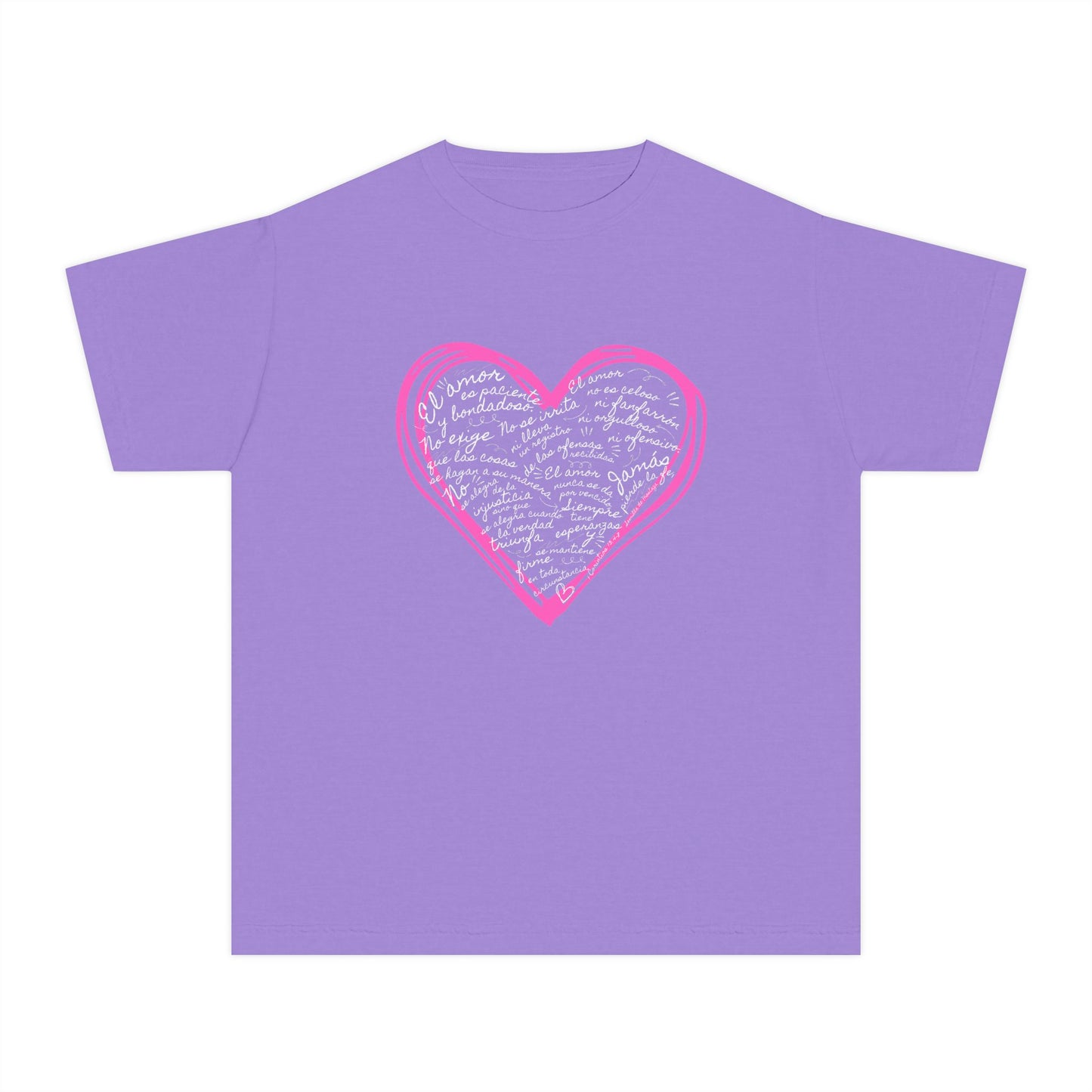 Playera Cristiana Infantil con Versículo - 1 Corintios 13:4-7 en Corazón Rosa - Christian Kids T-shirt "Love Is..."