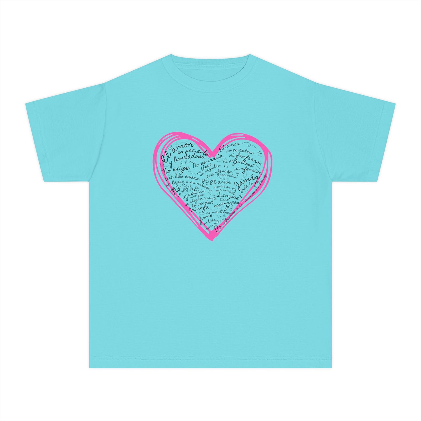 Playera Cristiana Infantil con Versículo - 1 Corintios 13:4-7 en Corazón Rosa - Christian Kids T-shirt "Love Is..."