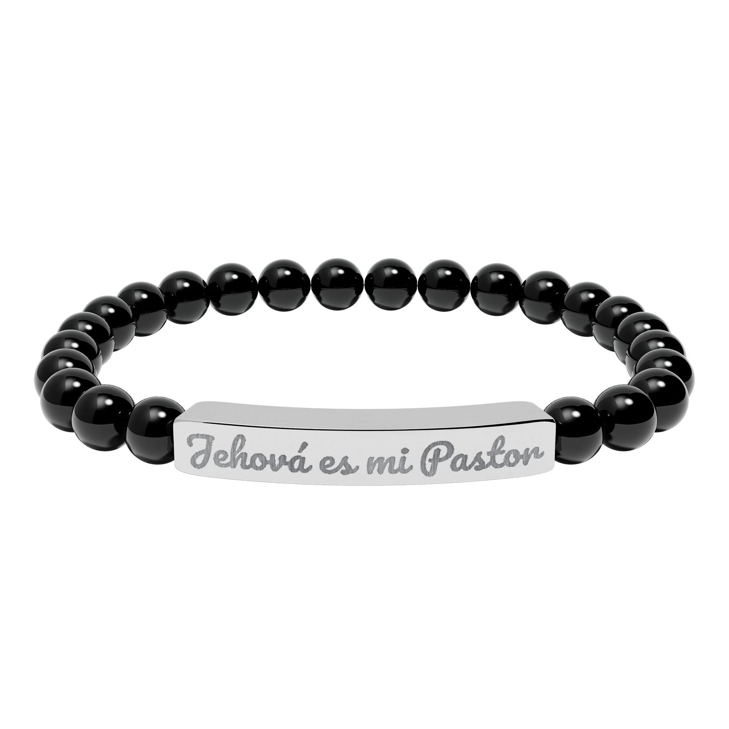 Black beaded bracelet with silver bar engraved 'Jehová es mi Pastor', Christian jewelry