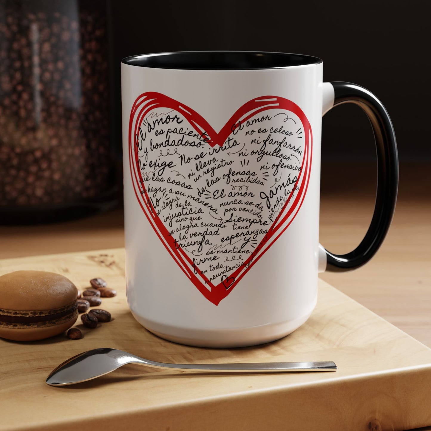 Taza Cristiana de Amor (Rojo y Negro) - 1 Corintios 13:4-7 - Christian Mug with Bible Verse - 11oz / 15 oz BPA-Free - Somos Semilla De Mostaza