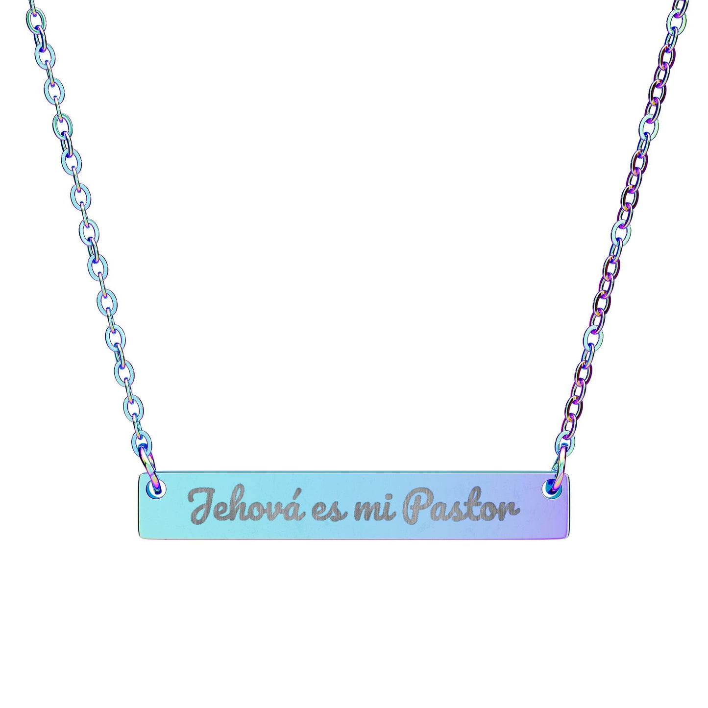 Iridescent Christian necklace with engraved 'Jehová es mi Pastor' bar pendant