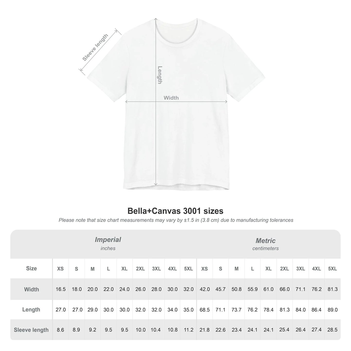 Bella+Canvas 3001 t-shirt size chart with width, length, and sleeve measurements in inches and centimeters.