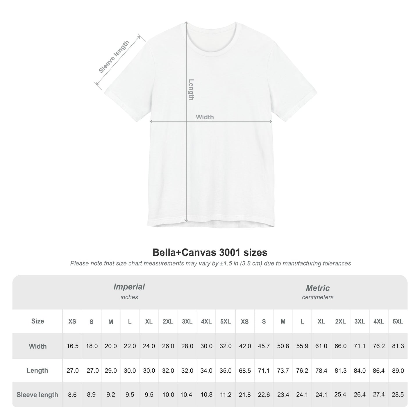Bella+Canvas 3001 size chart with measurements for width, length, and sleeve length.