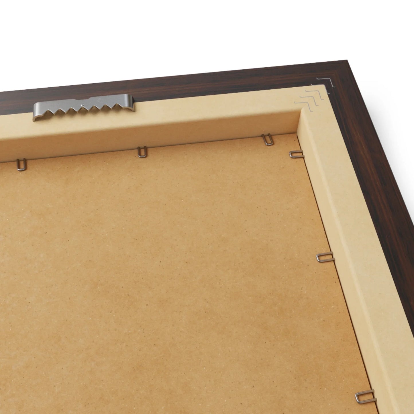 Back of wooden picture frame with metal hanger for wall décor