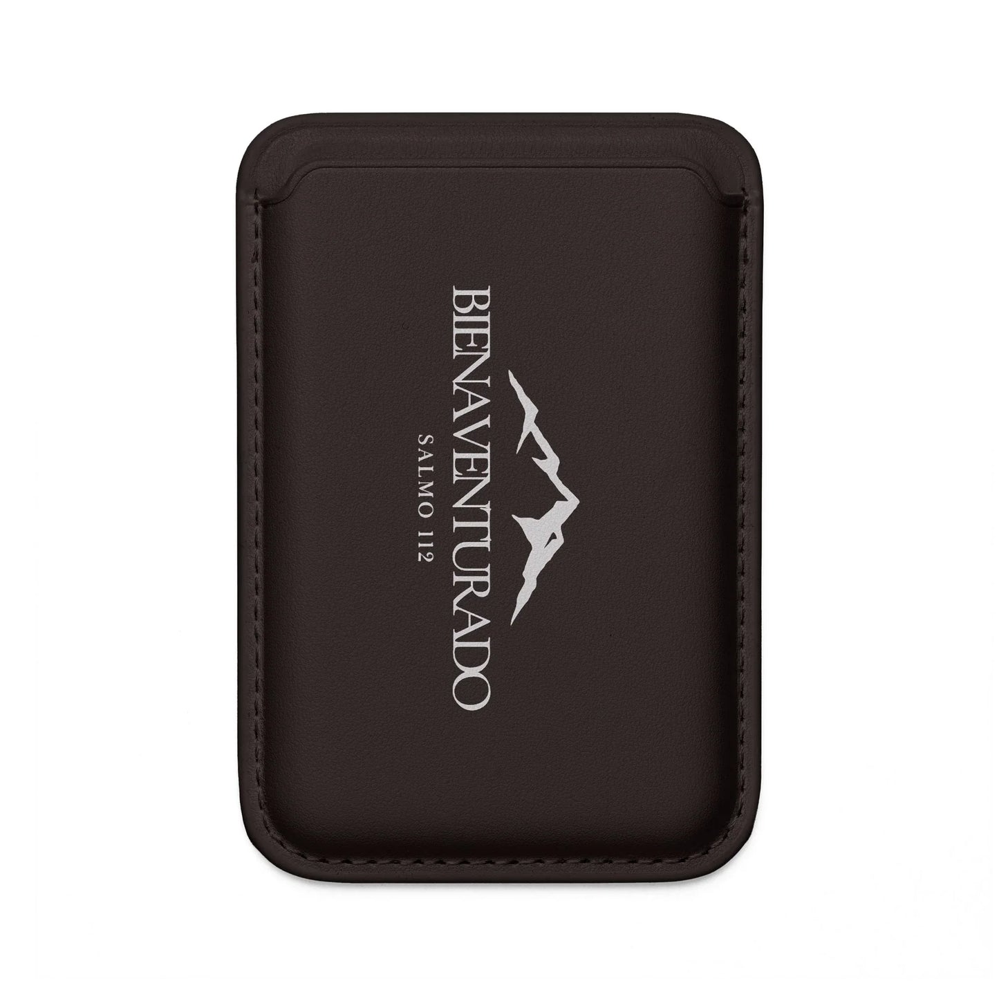 Black leather card holder with 'Bienaventurado Salmo 112' and mountain graphic, Christian gift