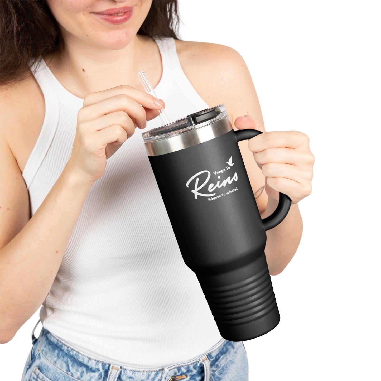 Taza Termica de Fe con Popote 1.18L - Christian Insulated Tumbler 40oz - "Venga Tu Reino" Mateo 6:10 - Spanish Bible Verse Travel Mug with Straw - Somos Semilla De Mostaza