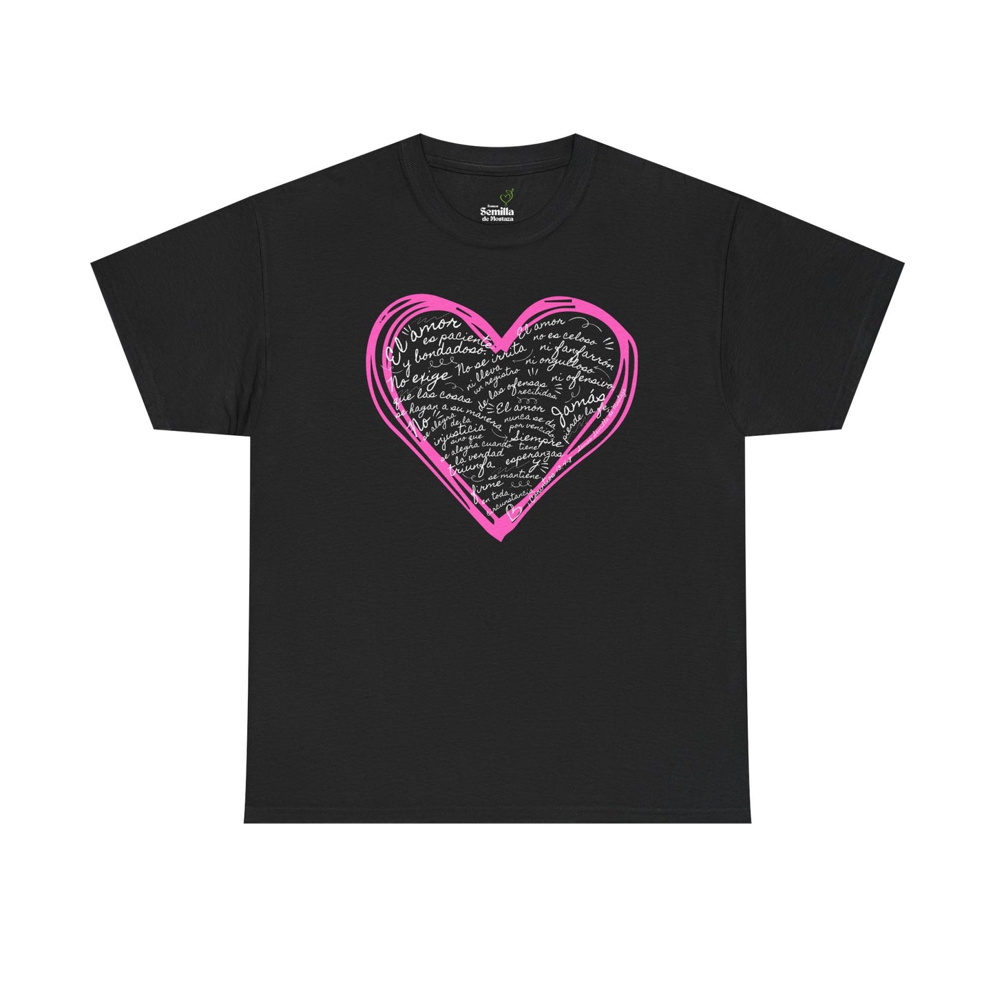 Camiseta Cristiana de Amor Bíblico Unisexo - Christian T-shirt Unisex - 1 Corinthians 13:4-7 Hand-Drawn Heart Design - Somos Semilla De Mostaza