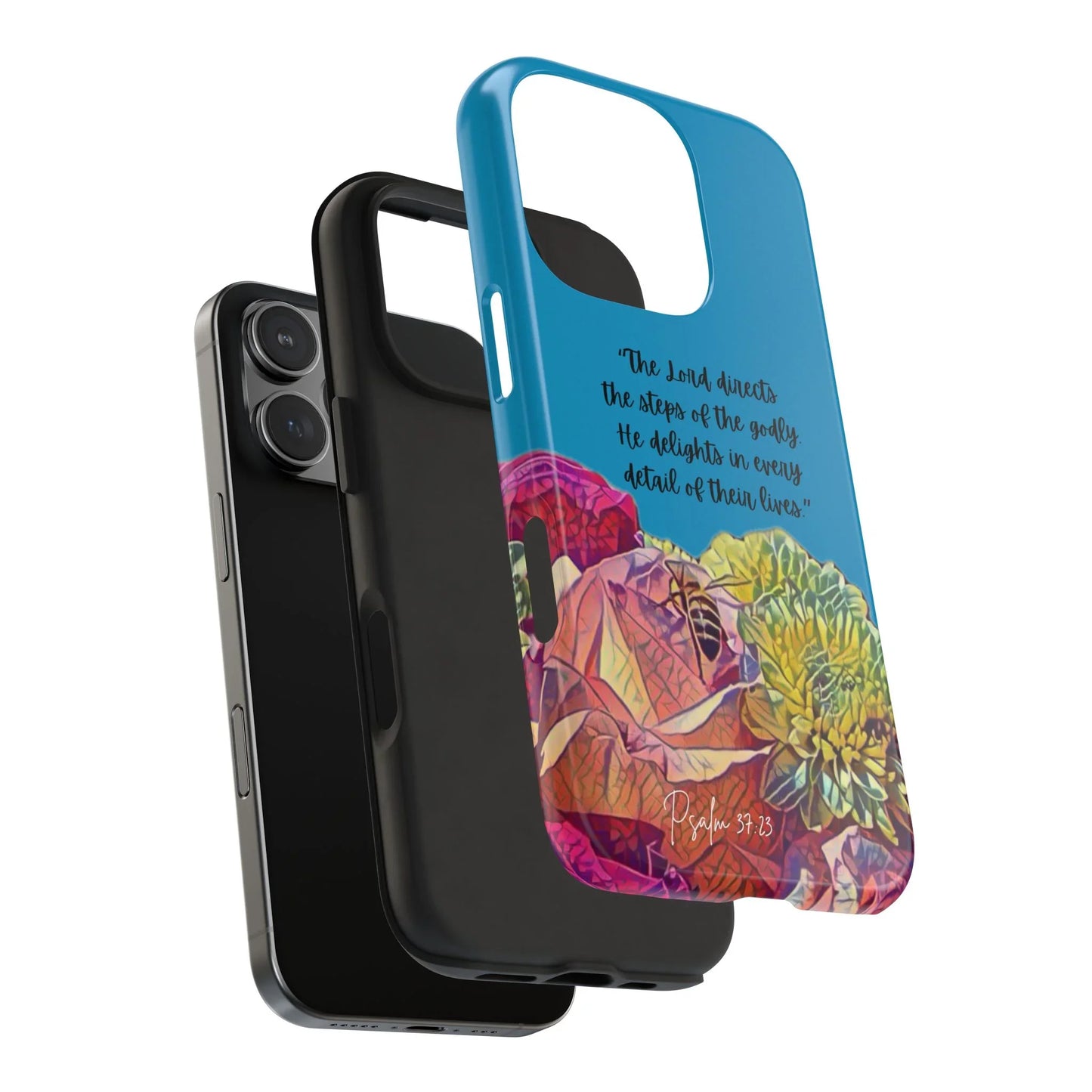 Christian floral phone case with Psalm 37:23 verse and colorful botanical design