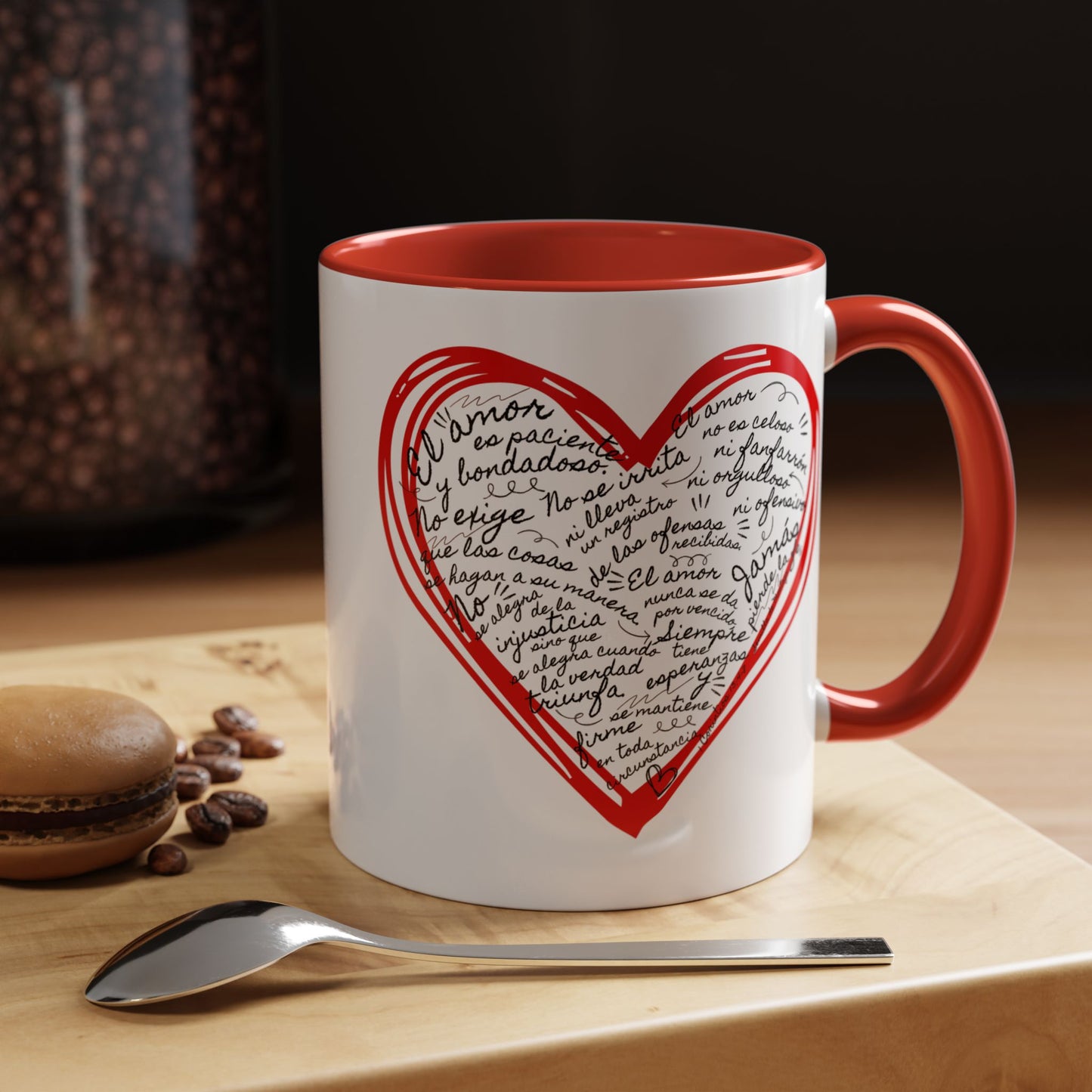 Taza Cristiana de Amor (Rojo y Negro) - 1 Corintios 13:4-7 - Christian Mug with Bible Verse - 11oz / 15 oz BPA-Free - Somos Semilla De Mostaza