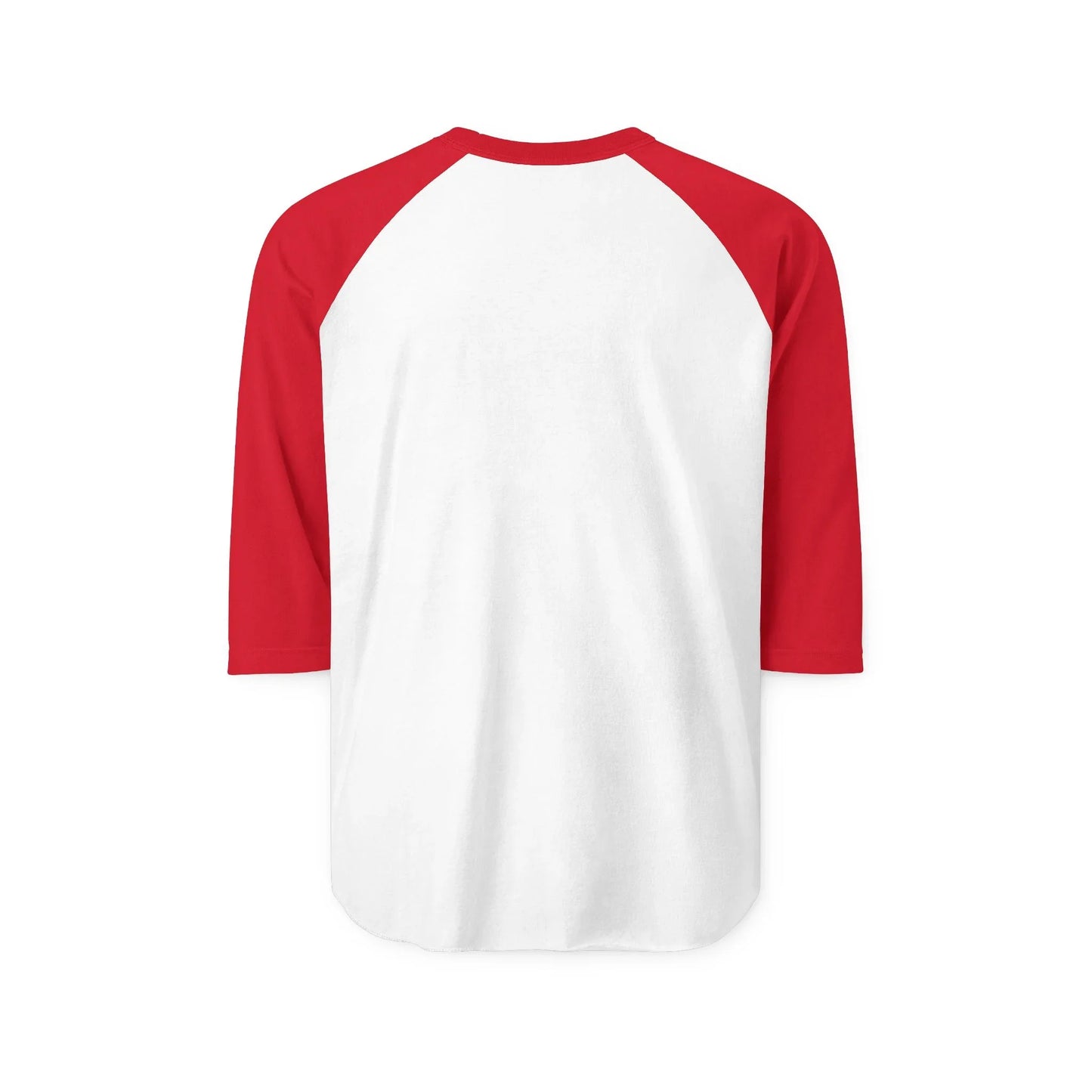 Back view of unisex white baseball tee with red 3/4 sleeves on plain background