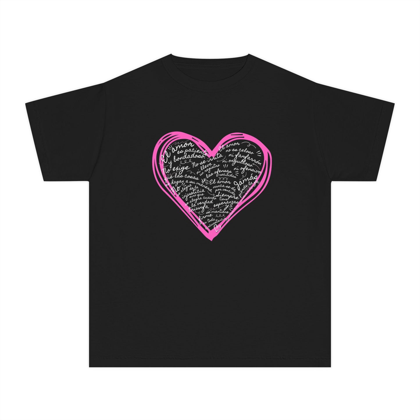 Playera Cristiana Infantil con Versículo - 1 Corintios 13:4-7 en Corazón Rosa - Christian Kids T-shirt "Love Is..."