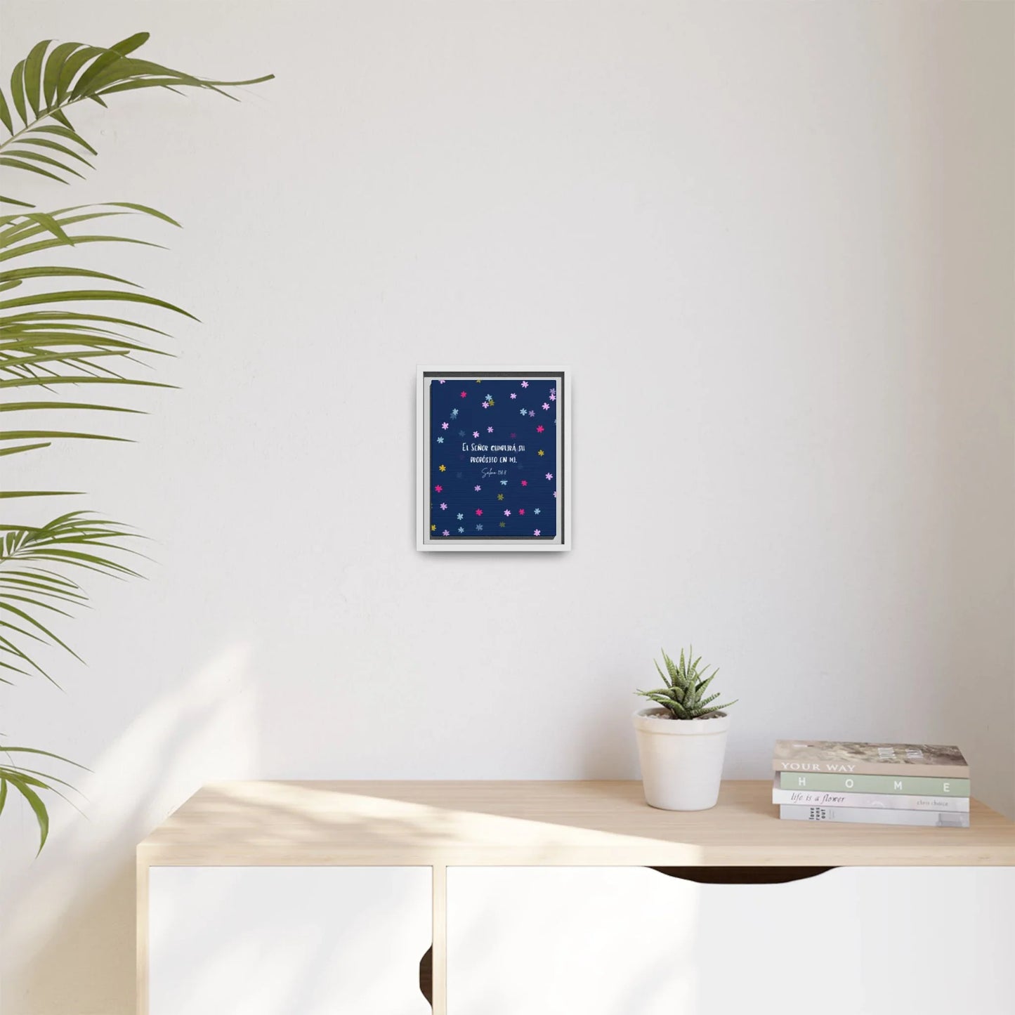 Christian wall art with Spanish scripture, framed and displayed in a modern home setting.
