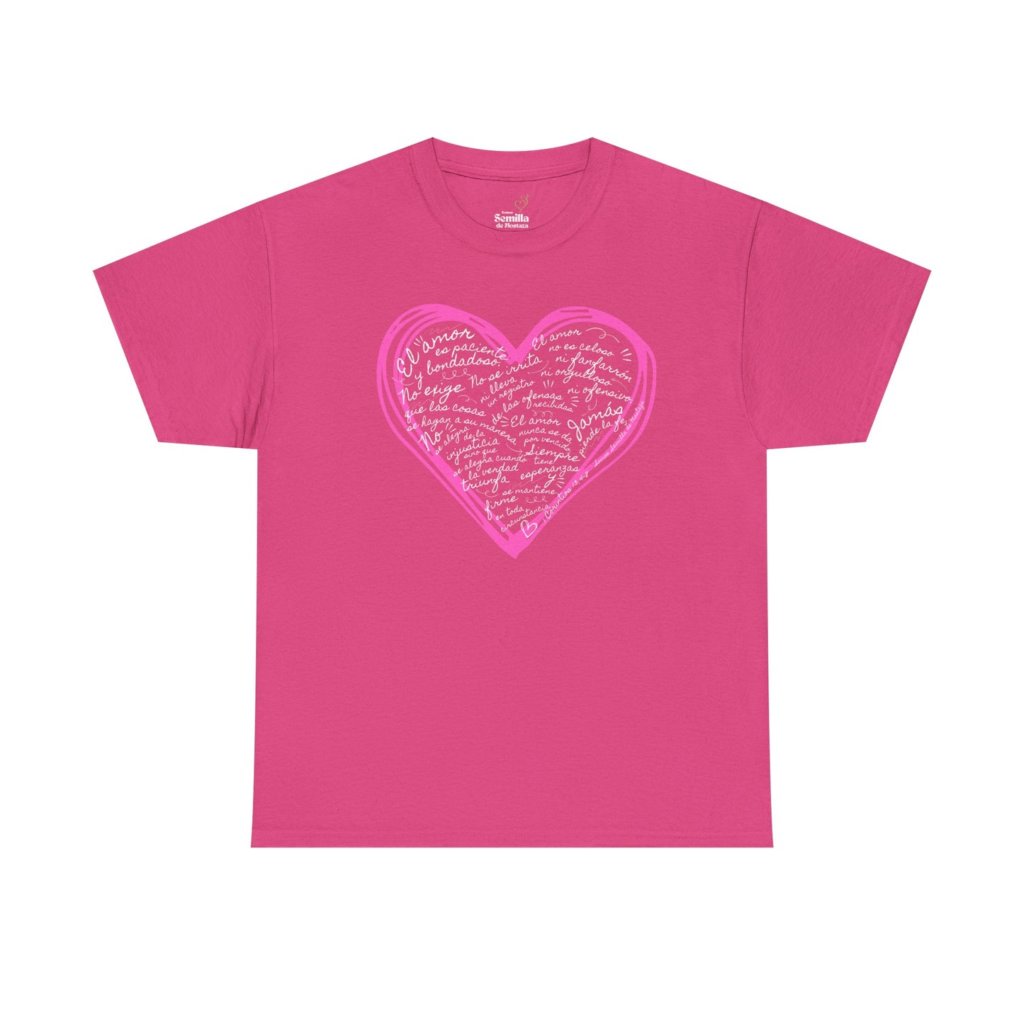 Camiseta Cristiana de Amor Bíblico Unisexo - Christian T-shirt Unisex - 1 Corinthians 13:4-7 Hand-Drawn Heart Design - Somos Semilla De Mostaza
