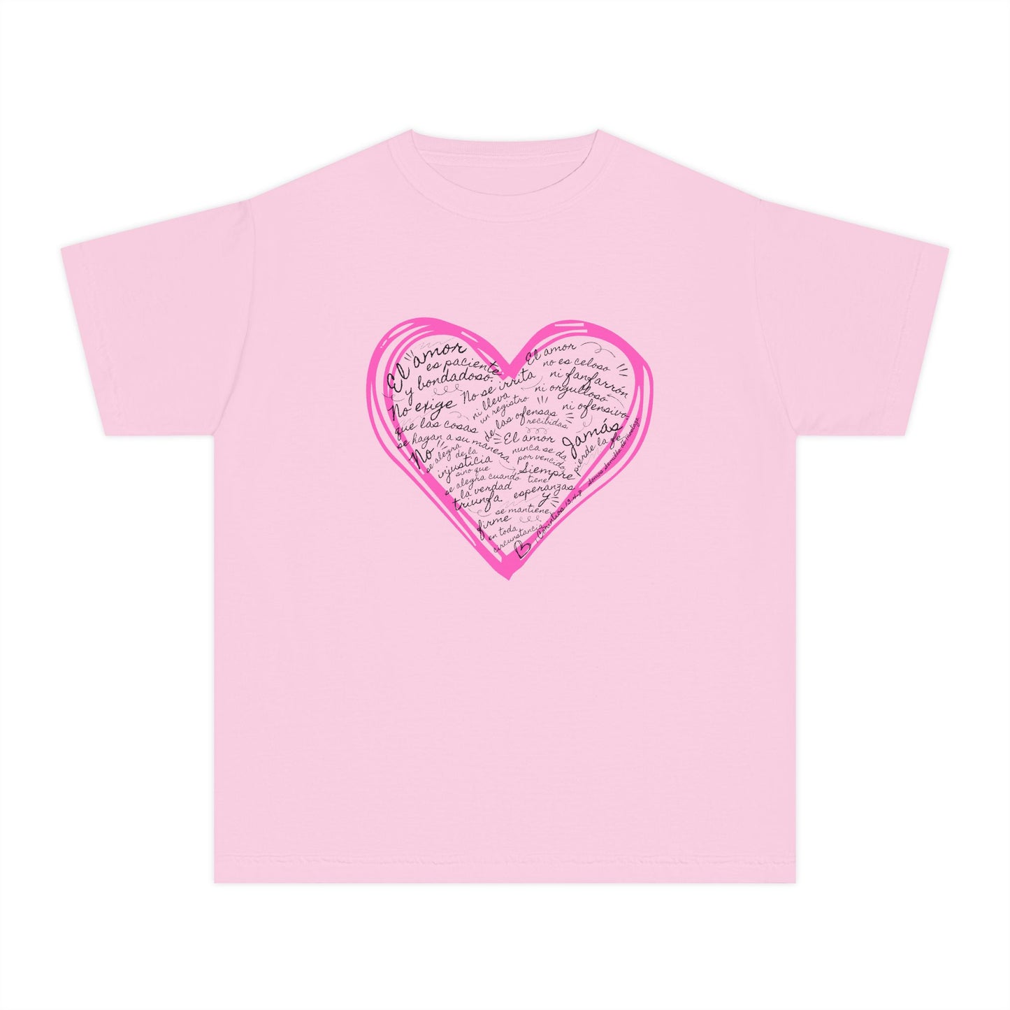 Playera Cristiana Infantil con Versículo - 1 Corintios 13:4-7 en Corazón Rosa - Christian Kids T-shirt "Love Is..."