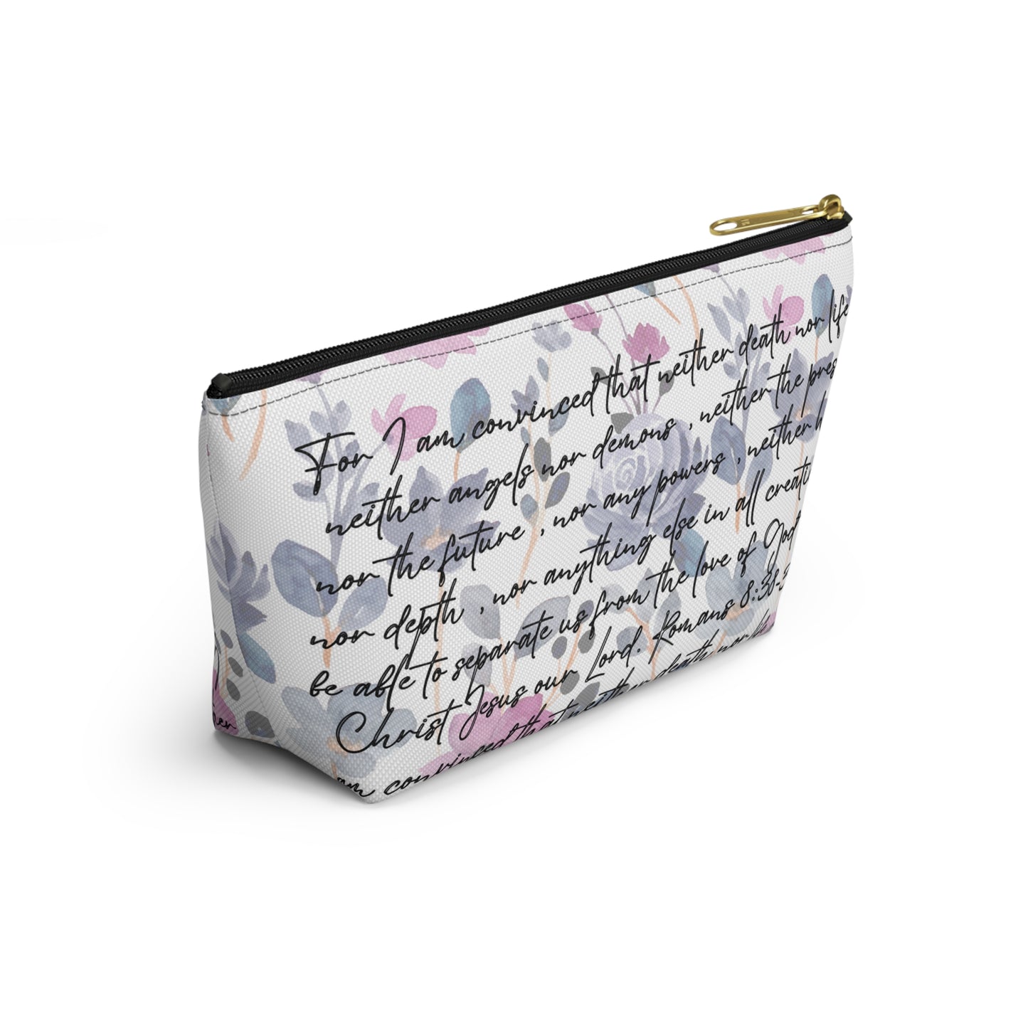 Floral Christian makeup pouch with handwritten Scripture verse and gold zipper