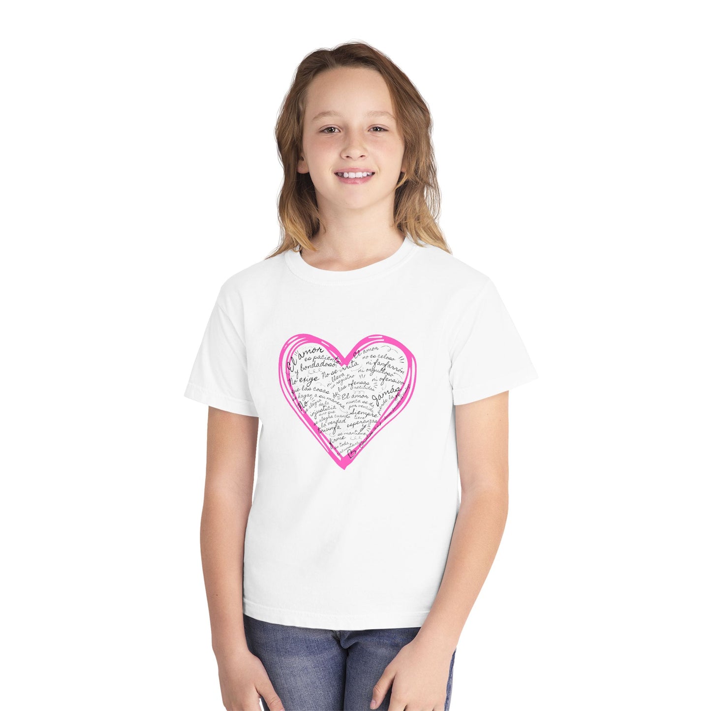 Playera Cristiana Infantil con Versículo - 1 Corintios 13:4-7 en Corazón Rosa - Christian Kids T-shirt "Love Is..."