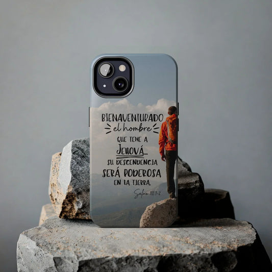 Christian phone case with Psalm 112:1-2 in Spanish, man on mountain, inspirational gift