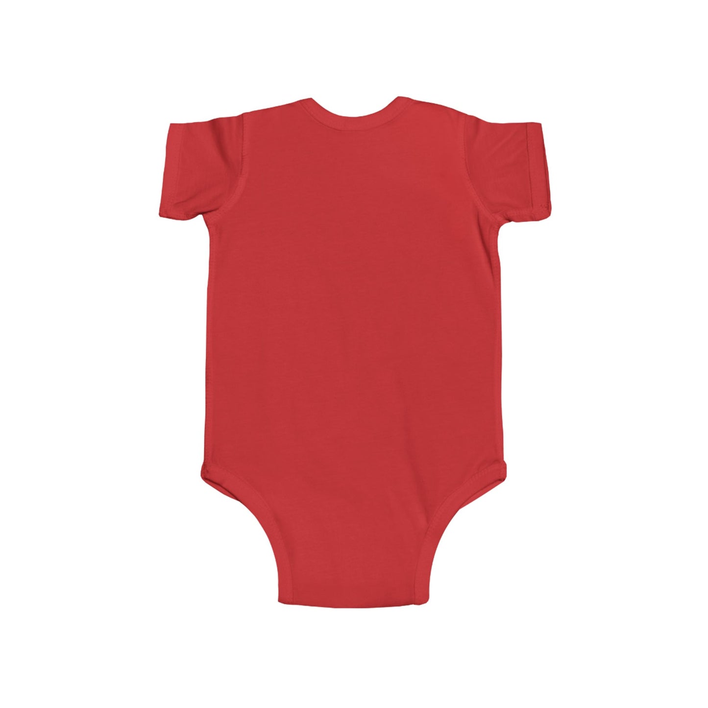 Solid red short sleeve baby bodysuit, back view, isolated on white background