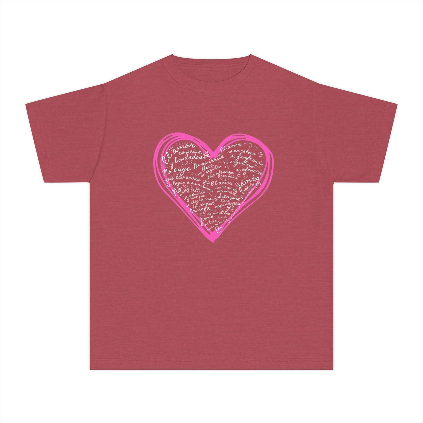Playera Cristiana Infantil con Versículo - 1 Corintios 13:4-7 en Corazón Rosa - Christian Kids T-shirt "Love Is..."