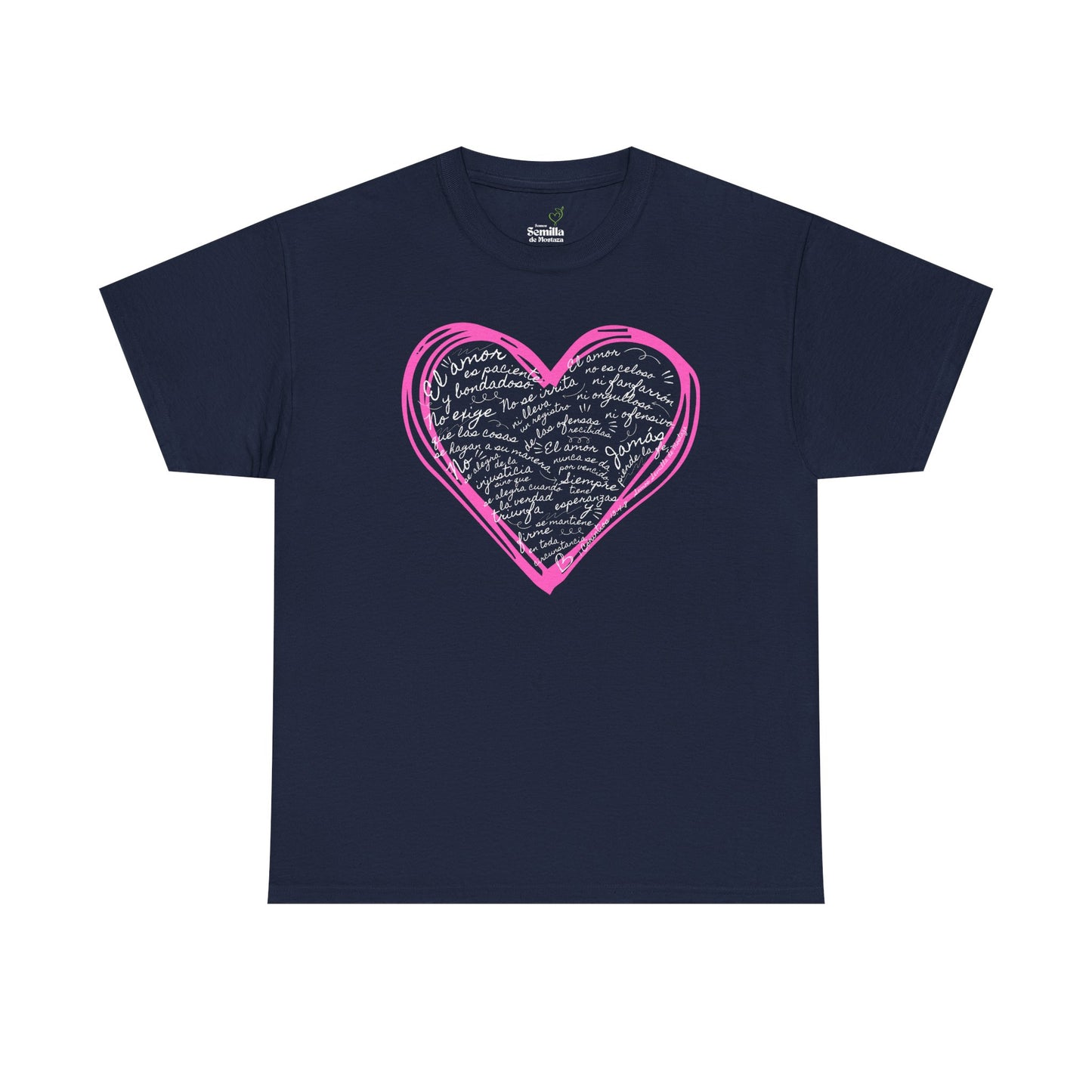 Camiseta Cristiana de Amor Bíblico Unisexo - Christian T-shirt Unisex - 1 Corinthians 13:4-7 Hand-Drawn Heart Design - Somos Semilla De Mostaza