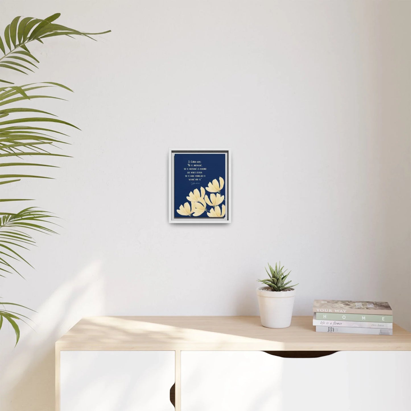 Christian wall art with floral design and Spanish scripture, modern home decor setting
