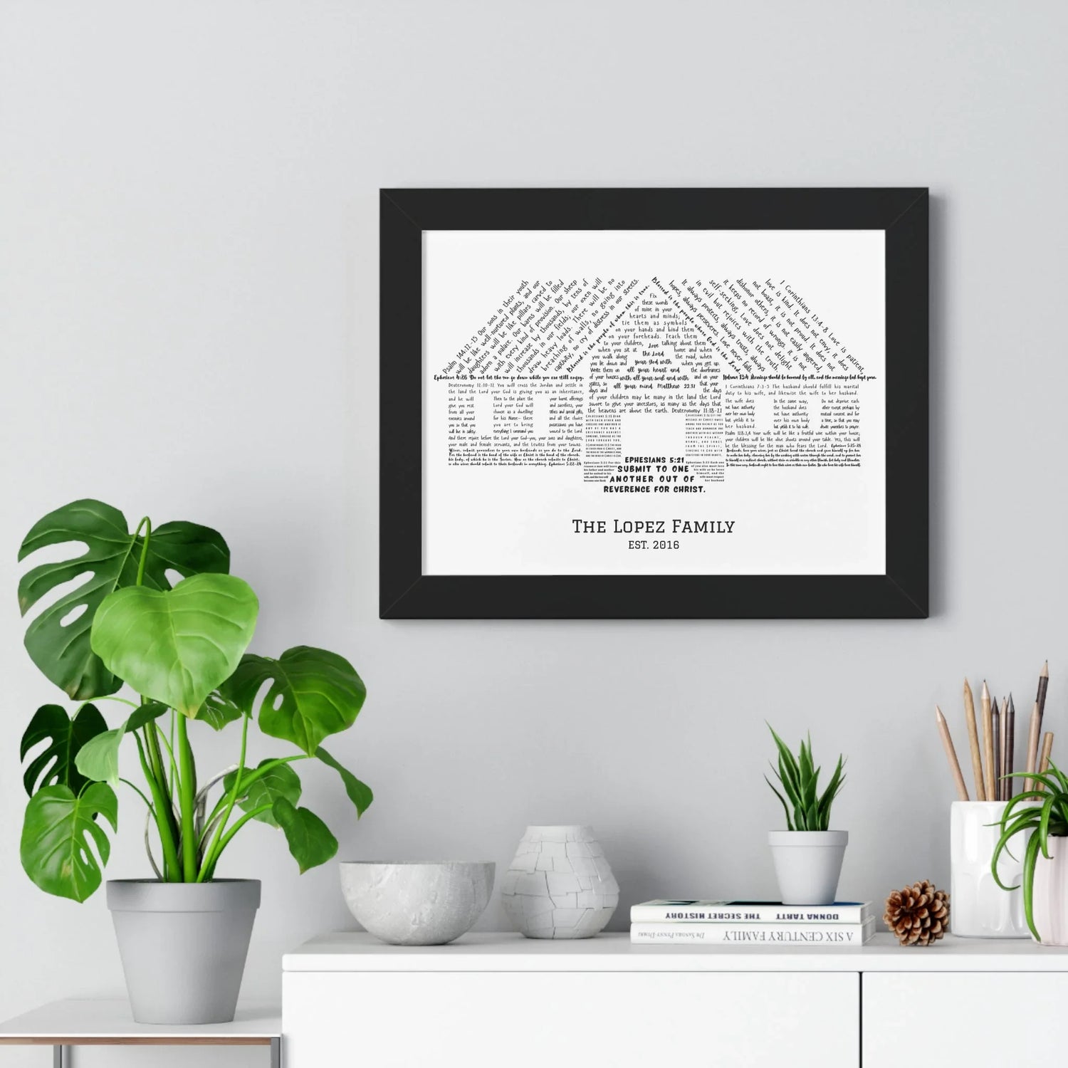 Modern Christian wall art with Bible verses forming a house, personalized family name print.