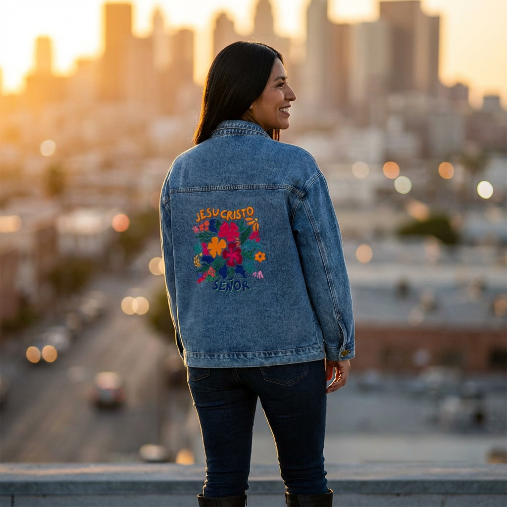 Woman wearing a denim jacket with 'Jesucristo Señor' and colorful floral embroidery, city skyline at sunset.