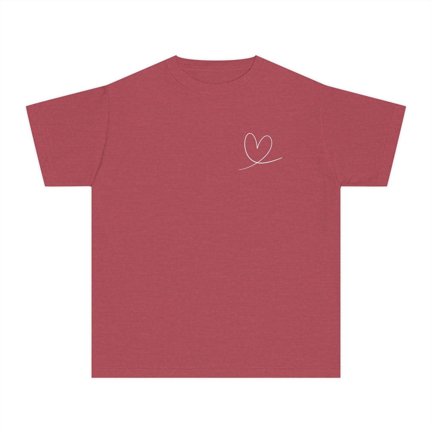Red Christian t-shirt with minimalist white heart design on chest
