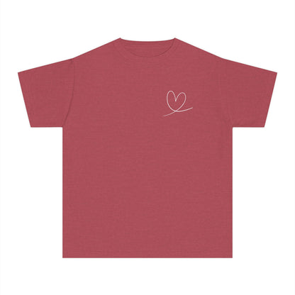 Red Christian t-shirt with minimalist white heart design on chest