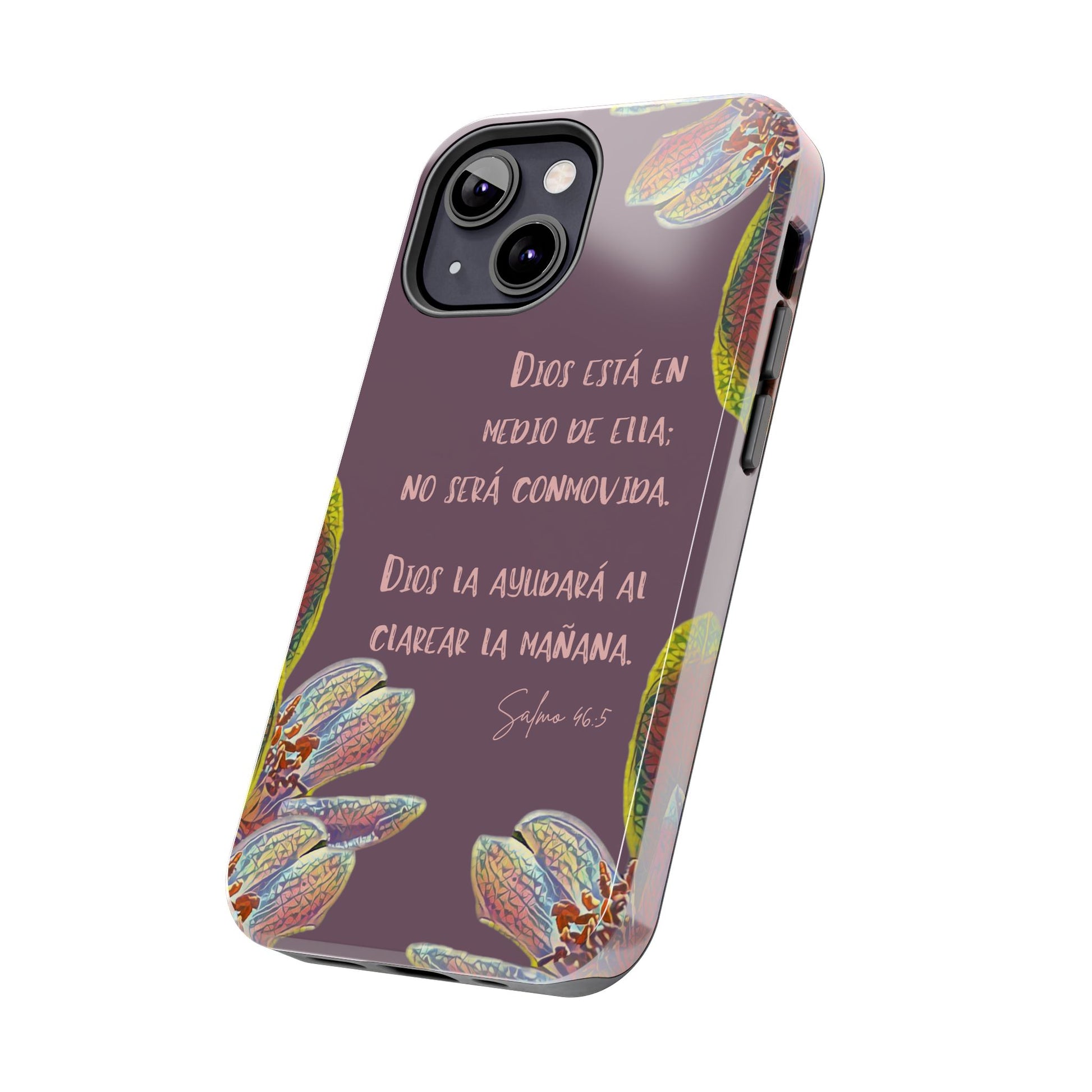 Christian phone case with Spanish Bible verse, purple background and colorful floral design